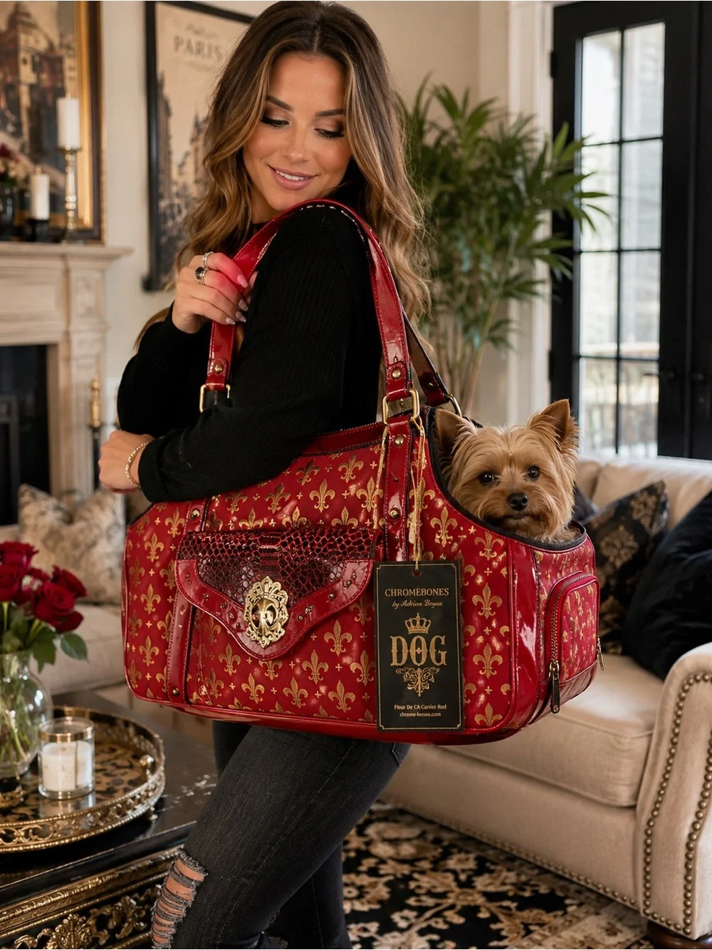 Chrome Bones Adrian Beyaz Fleur De CA Red Luxury Pet Carrier Dog Cat Travel NWT - Picture 2 of 15